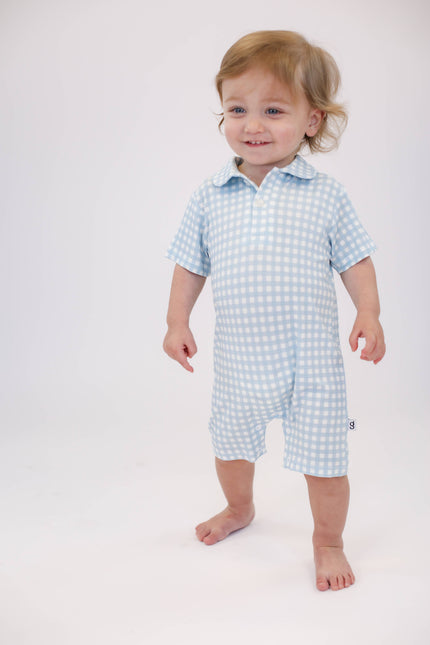Blue Gingham (Spring/Easter) Short Sleeve Polo Romper