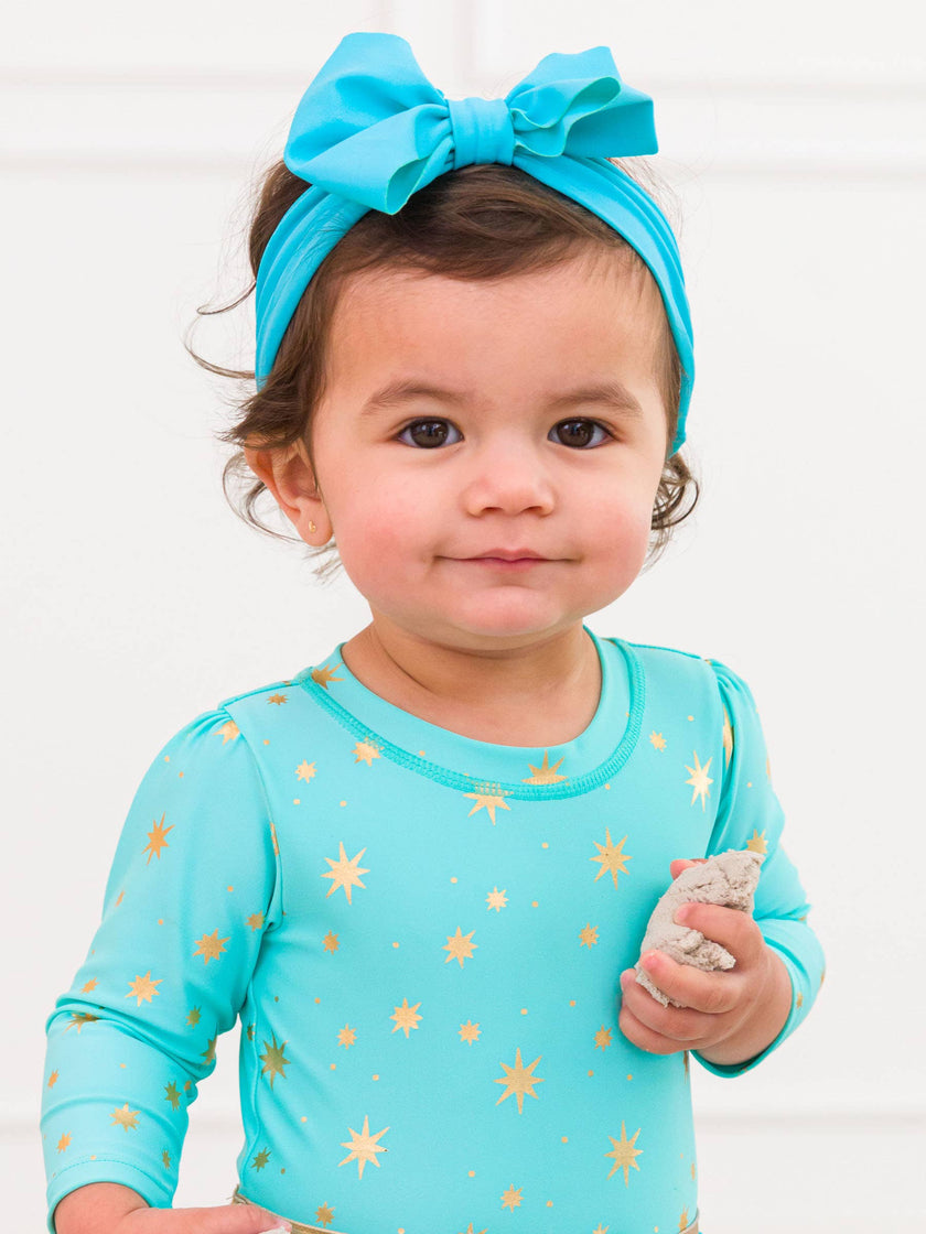 Girls Bright Aqua Shimmer Swim + Active Bow Headband