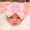 Pink Bow Little SIS Heart on White Hat for Newborn Girls