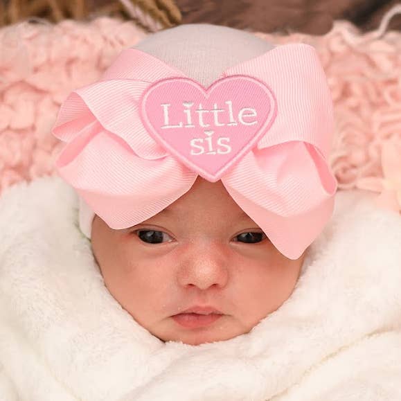 Pink Bow Little SIS Heart on White Hat for Newborn Girls