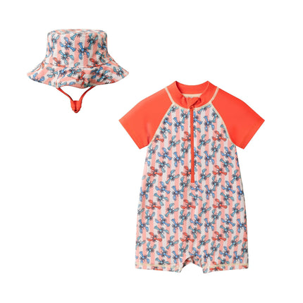 Infant Boys Orange Lobster Short Sleeve Swim Romper W/ Hat