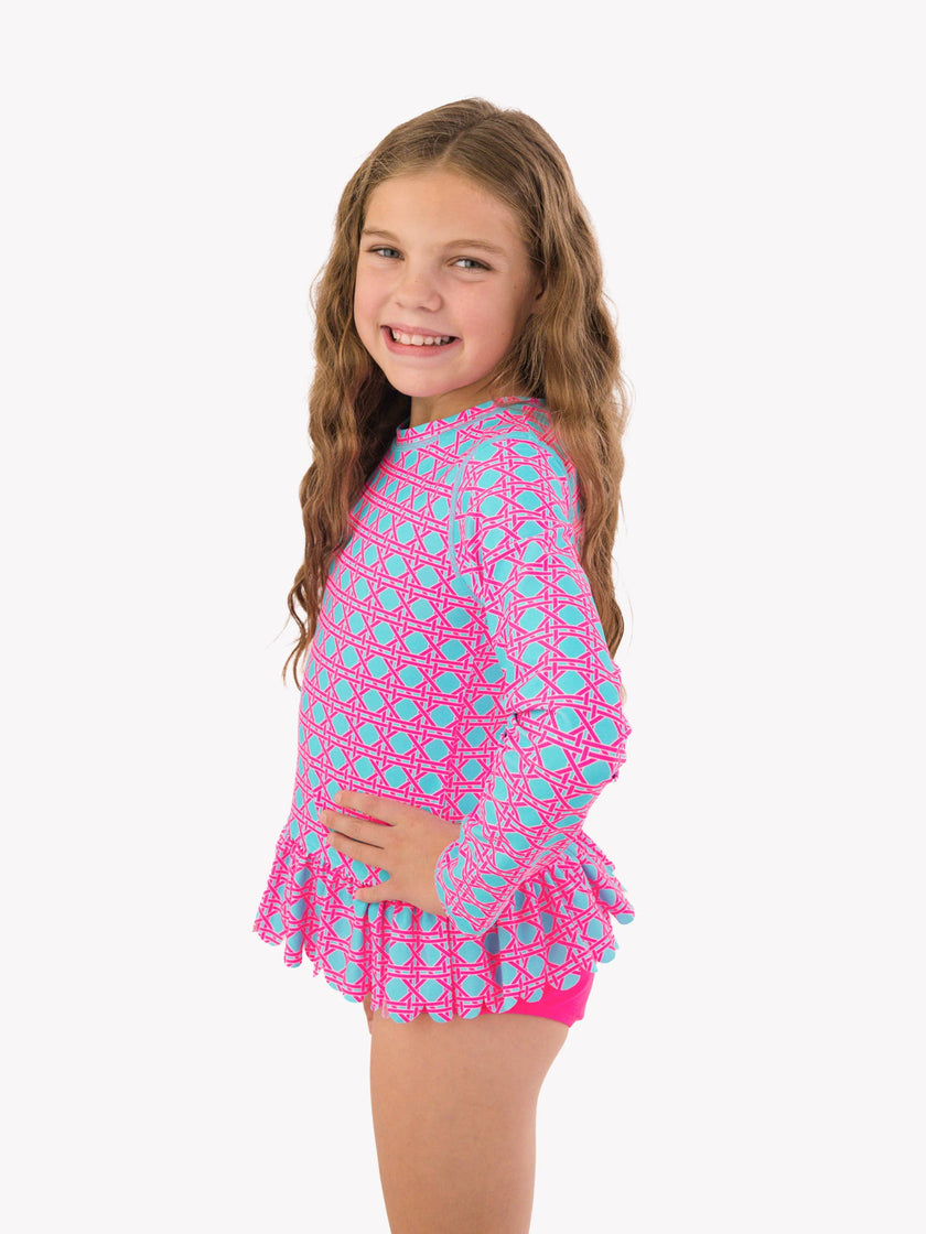 Tween Girls Neon Sorbet Cane Scallop Hem Long Sleeve Rash Guard 2-Piece Swimsuit