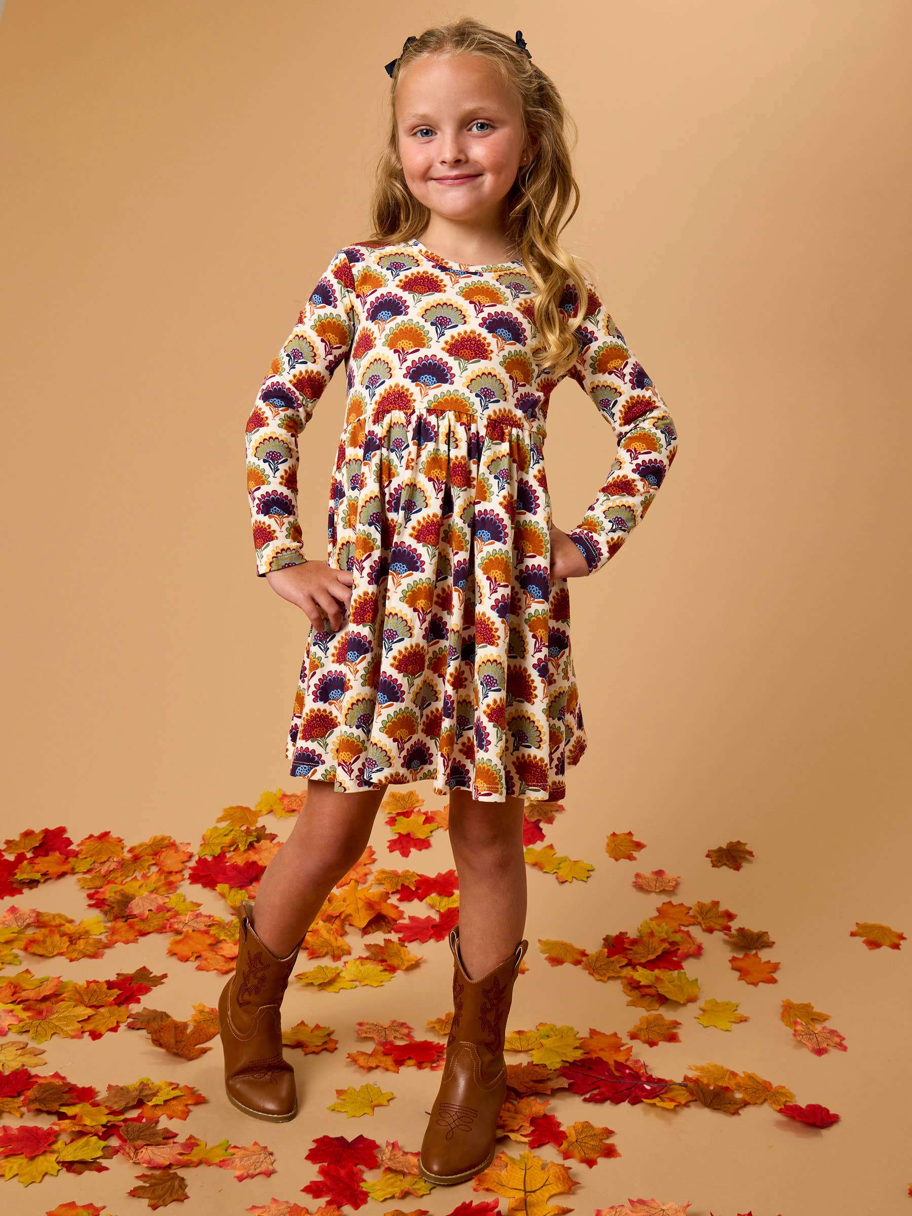 Girls Maple Blossoms Knit Long Sleeve Twirl Dress
