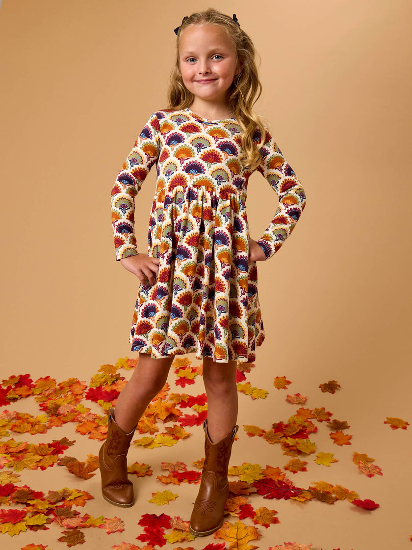 Girls Maple Blossoms Knit Long Sleeve Twirl Dress