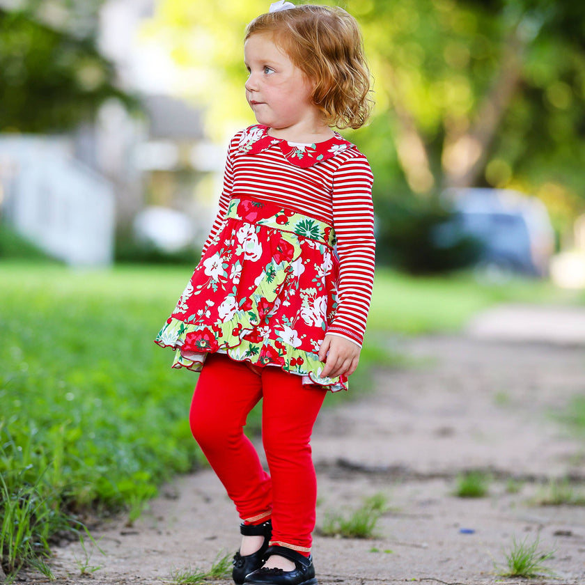 Girls Red Floral Stripes Christmas Dress & Leggings