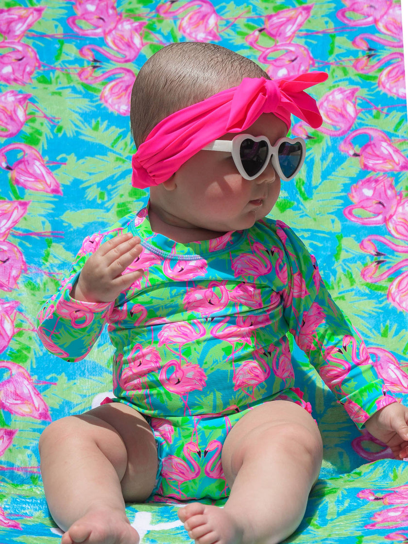 Baby Girls Neon Flamingo Fun Long Sleeve One Piece Rash Guard Swimsuit
