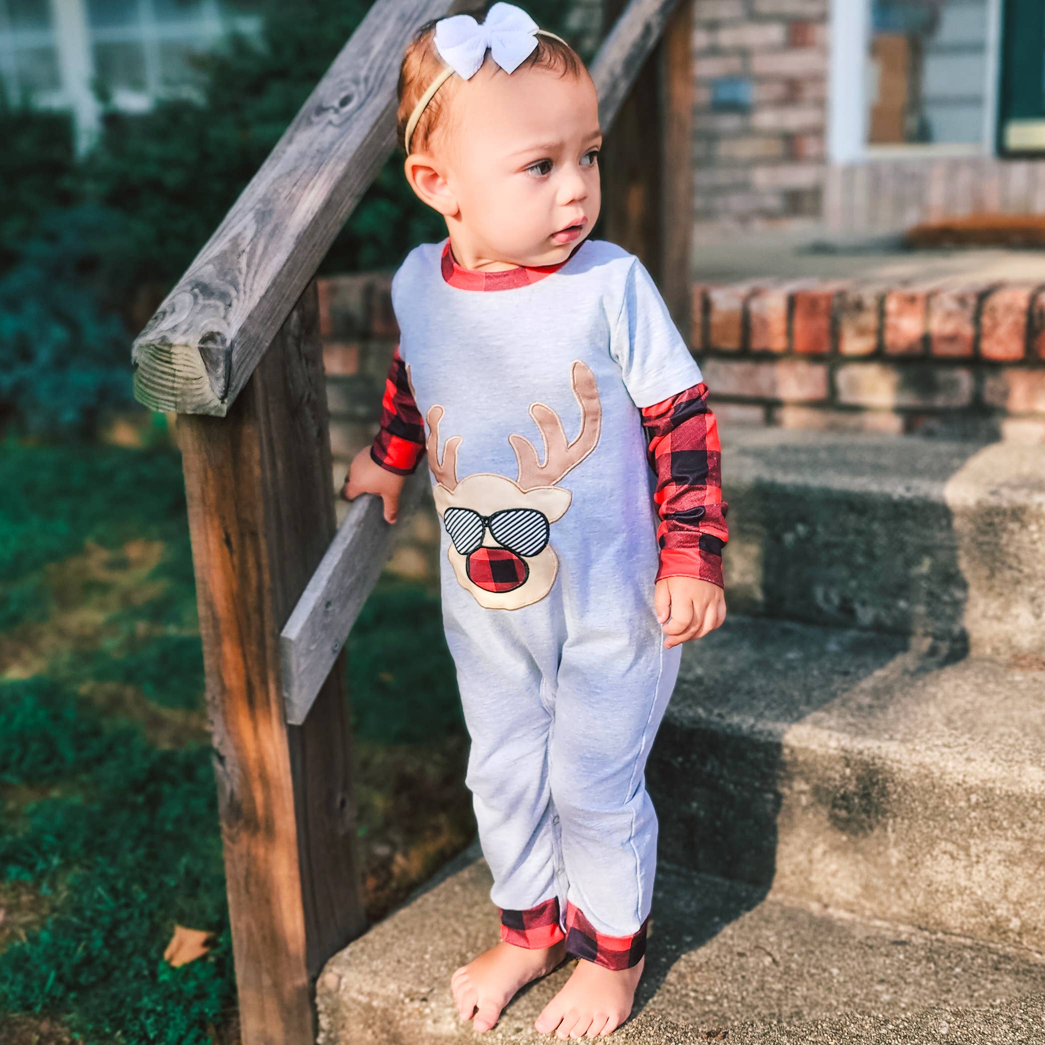 Baby Boys Christmas Romper Rudolph Reindeer Plaid Onesie