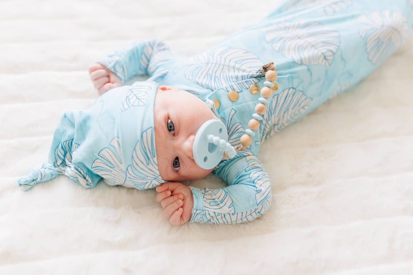 Blue Monstera Newborn Bamboo Knotted Gown