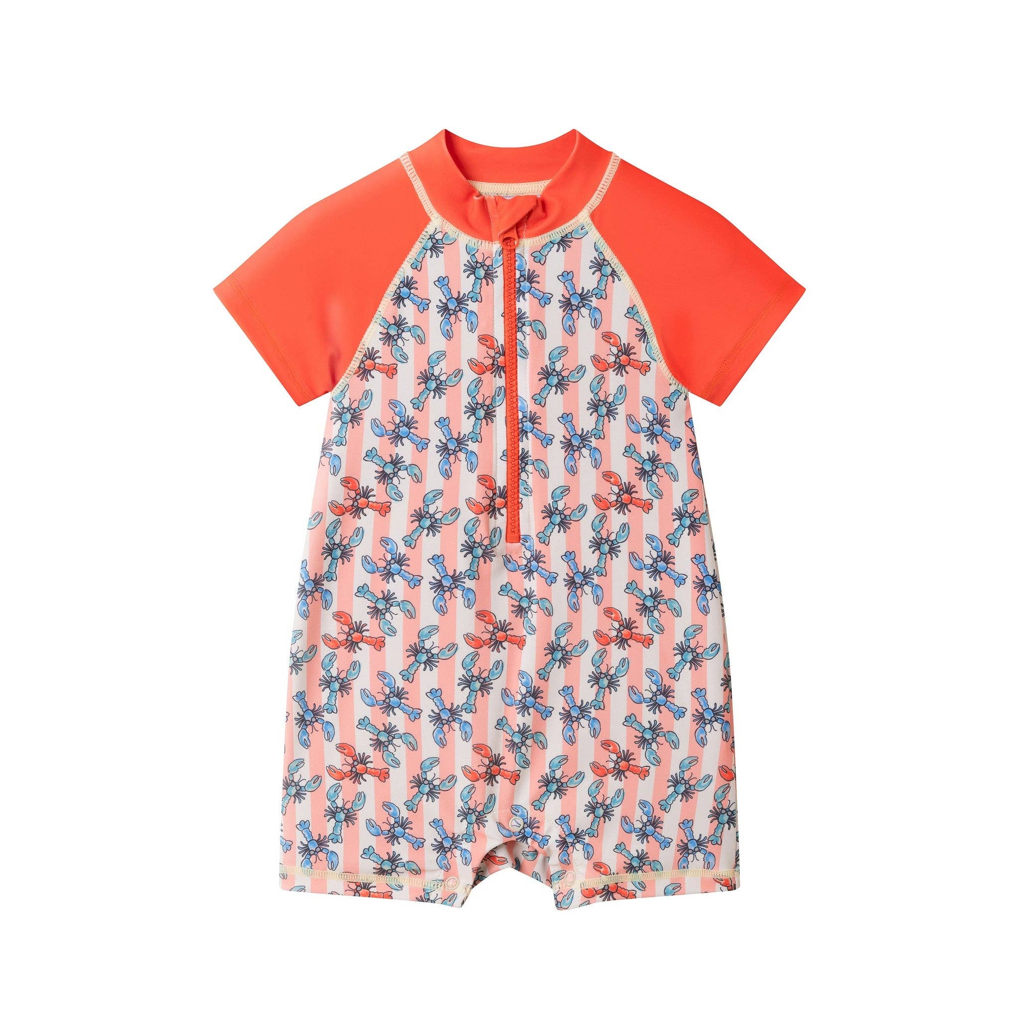Infant Boys Orange Lobster Short Sleeve Swim Romper W/ Hat