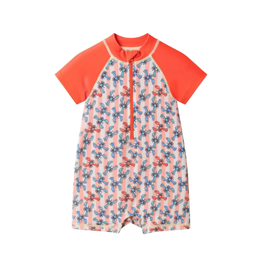 Infant Boys Orange Lobster Short Sleeve Swim Romper W/ Hat