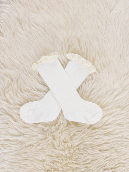Lace Trim Knee Socks - White
