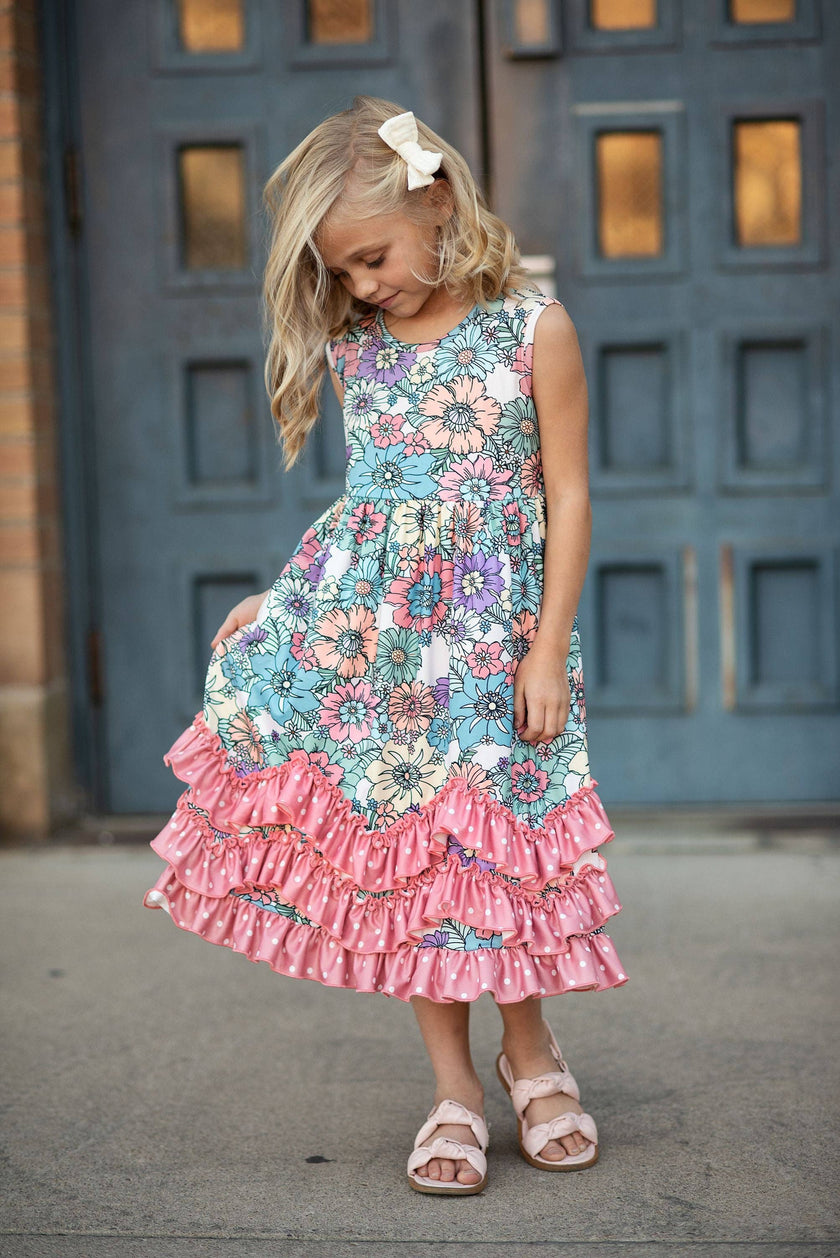 Pastel Floral 3 Ruffle Spring Summer Easter Dress