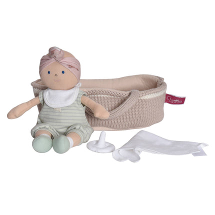 A beautiful choice for babies, toddlers and older kids alike, our fabric baby doll comes with a cute bandana, knitted carry cot, soother, bib and a blanket. Designed to help little ones self soothe, these dolls are wonderful and safe choices for babies and toddlers. Older kids will love the experience of looking after the baby which also helps develop empathy and social skills. Soft and cuddly these dolls are a darling choice for little ones. Bonikka dolls are developed to represent all communities and come