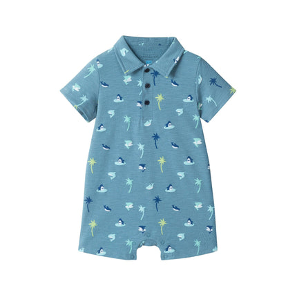Infant Boys Blue Printed Baby Polo Romper | Blue Palm