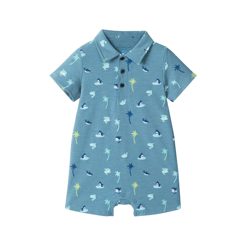 Infant Boys Blue Printed Baby Polo Romper | Blue Palm