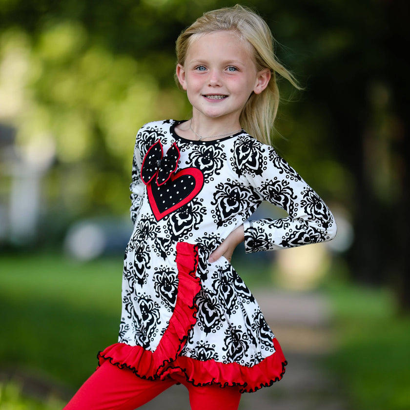 Damask Heart Top & Red Leggings Girls Valentine's Day Outfit