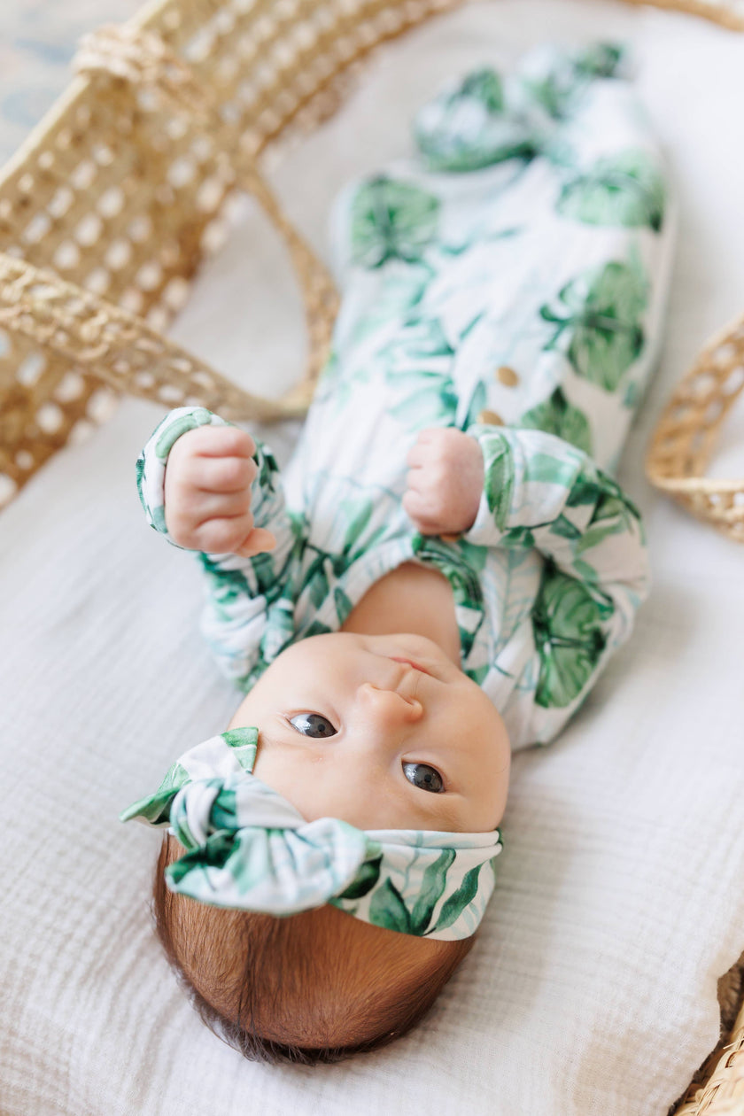 Tropical Leaf Newborn Knotted Gown