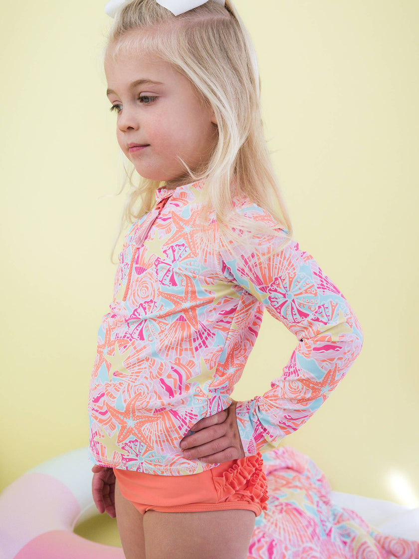 Girls Sunset Seashells Long Sleeve Zipper Rash Guard 2-Piece Swimsuit with Signature Rear Ruffles