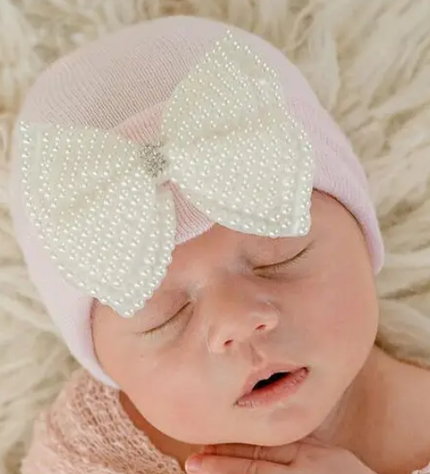 Pearl Bow Newborn Girl Hospital Hat