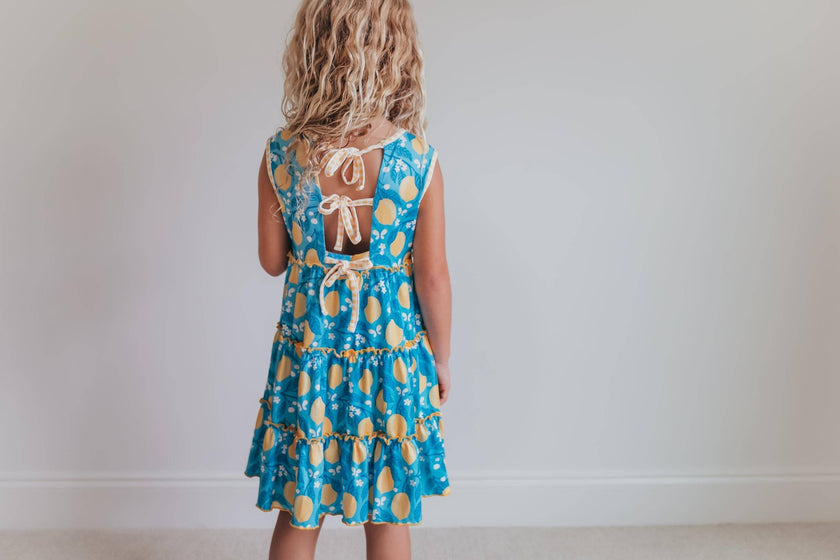 Kids Teal Lemon Pocket Bow Spring Easter Ruffle Dress