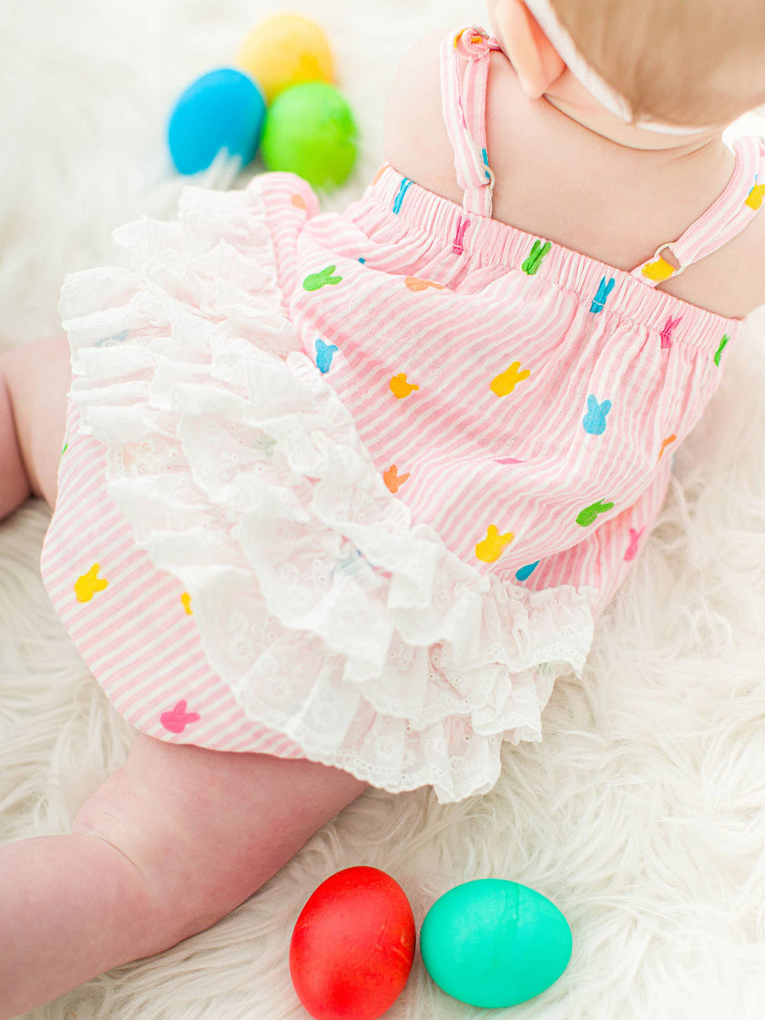 Baby Girls Pink Bunny Stripe Cotton Gauze Bow Front Bubble Woven Romper