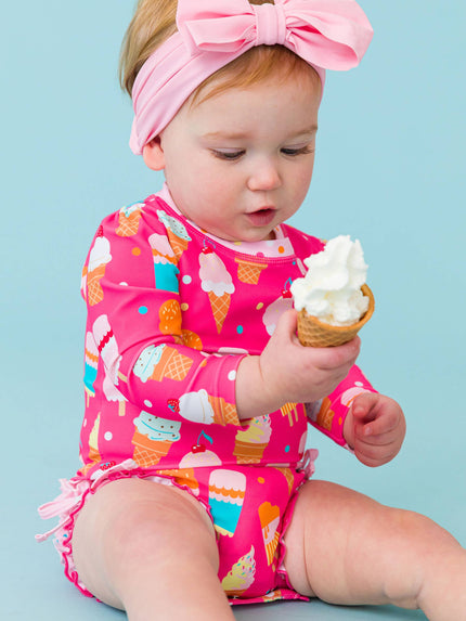 Baby Girls Sweet Scoops Ice Cream Long Sleeve One Piece Rash Guard Swimsuit with Signature Rear Ruffles