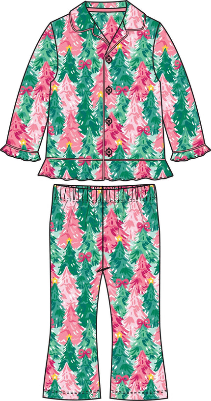Girls Pink Jolly Grove Long Sleeve Button Up Ruffle Flare Pajama Set