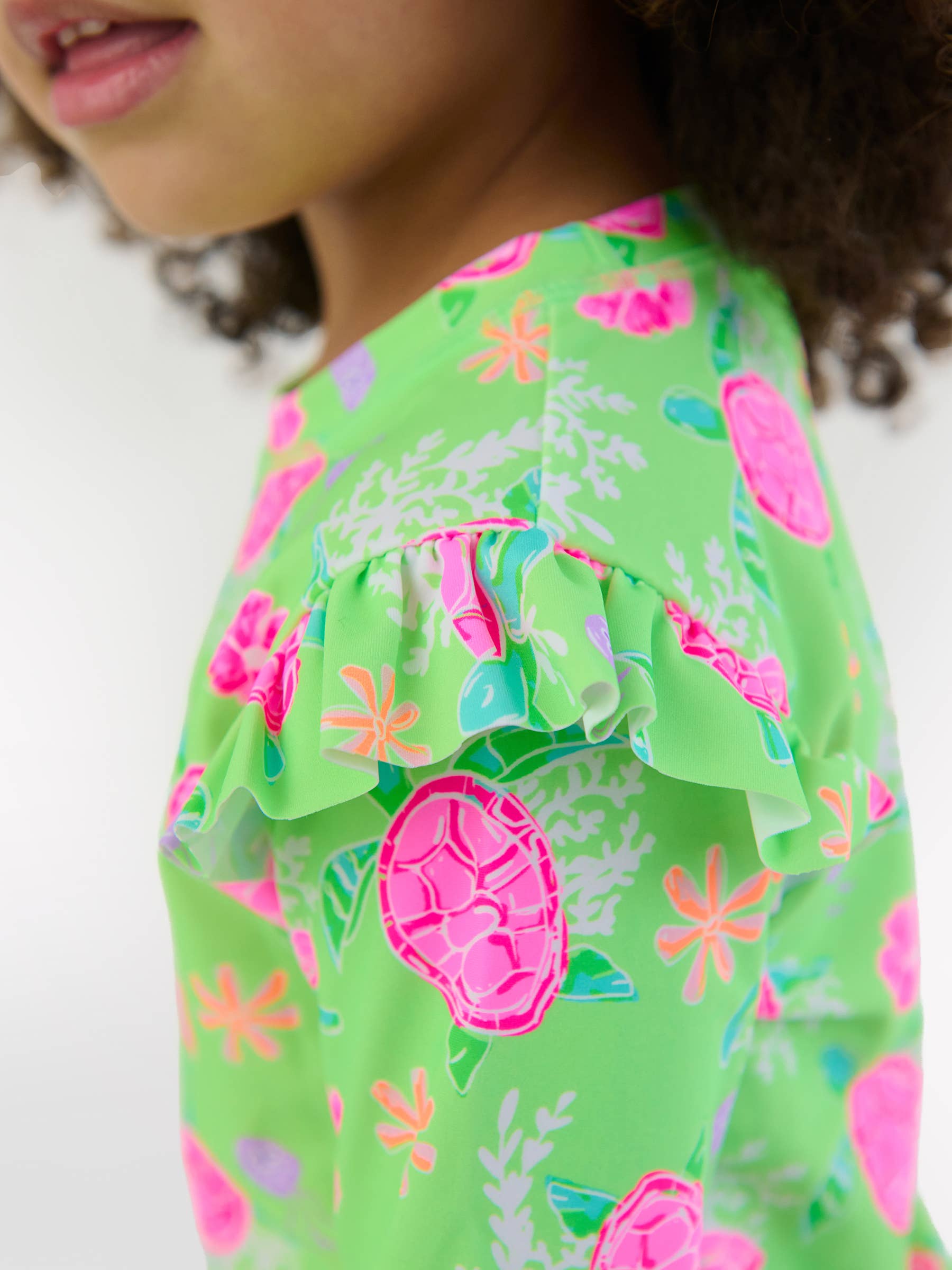 Girls Neon Turtle Tide Flutter Long Sleeve Rash Guard Skirted 2-Piece Swimsuit