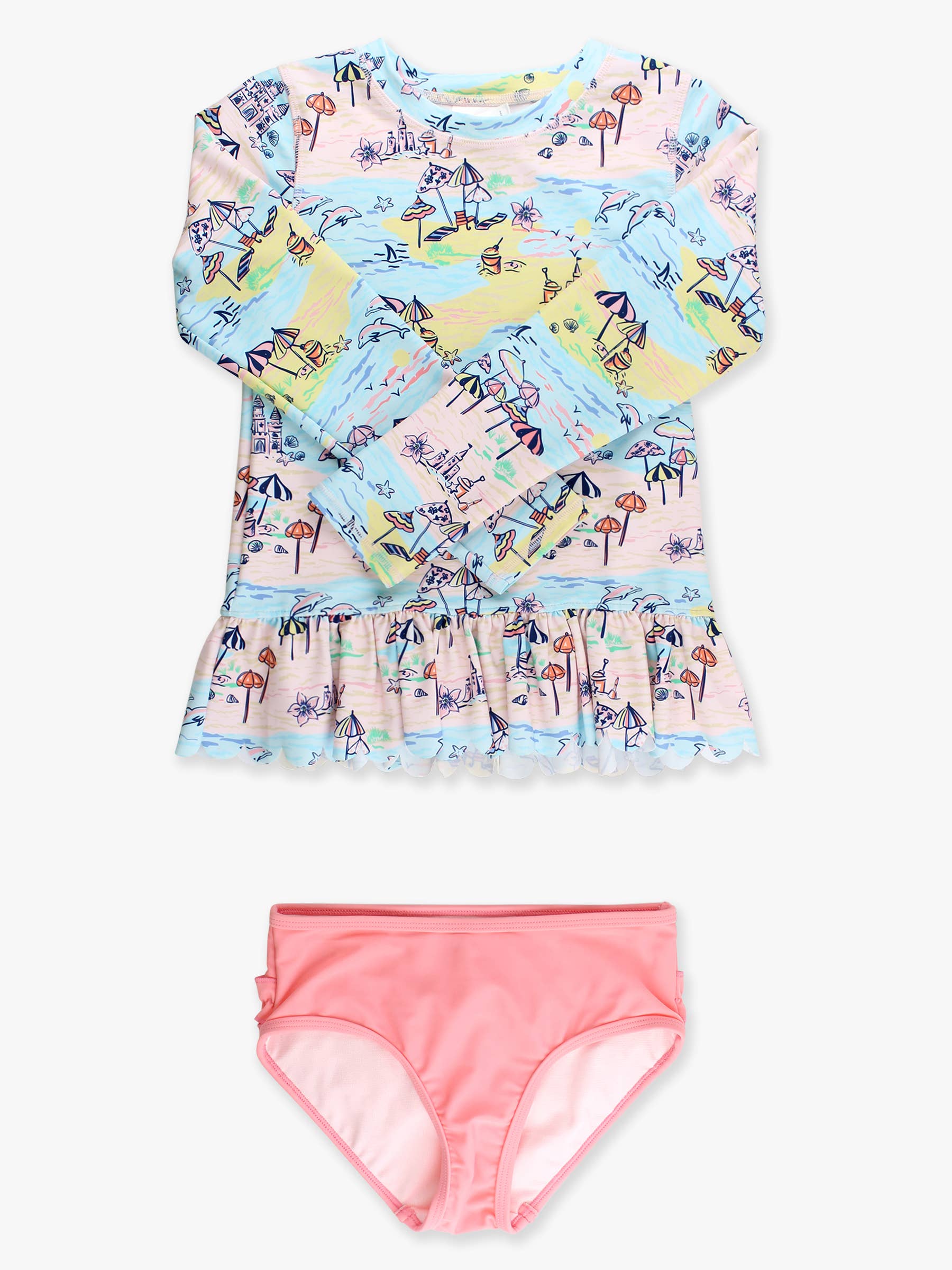 Girls Beach Day Scallop Hem Long Sleeve Rash Guard 2-Piece Swimsuit with Signature Rear Ruffles