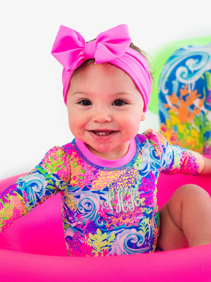 Baby Girls Neon Ocean Coral Long Sleeve One Piece Rash Guard Swimsuit with Signature Rear Ruffles