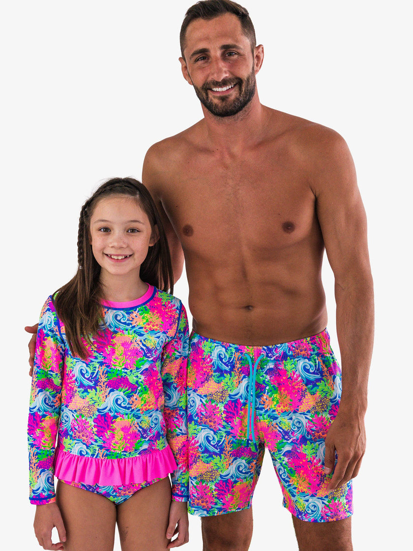 Girls Neon Ocean Coral Long Sleeve Rash Guard 2-Piece Swimsuit