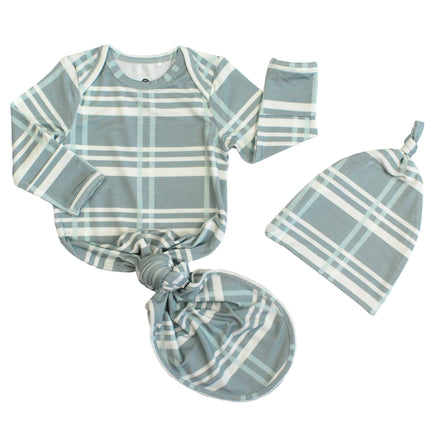 Blue Plaid Bamboo Gown and Hat Newborn Baby Gift Set