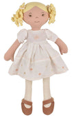 Priscy is a soft doll toy and is wearing a beautiful cream all-natural linen cream dress with matching brown shoes stripy cream tights and cream hair ribbons. Priscy's dress is removable for easy cleaning or you could dress her up in a different outfit for a special occasion. Size 16.5 in Age Recommendation: 0+ months Dress - 70% Cotton 30% Flax Skin and Hair - 100% Cotton Single Jersey Legs - 100% Cotton Printed Single Jersey Filling: 100% recycled PET Fibers Features: Soft body doll with plush hair, and e