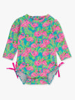 Baby Girls Neon Flamingo Fun Long Sleeve One Piece Rash Guard Swimsuit
