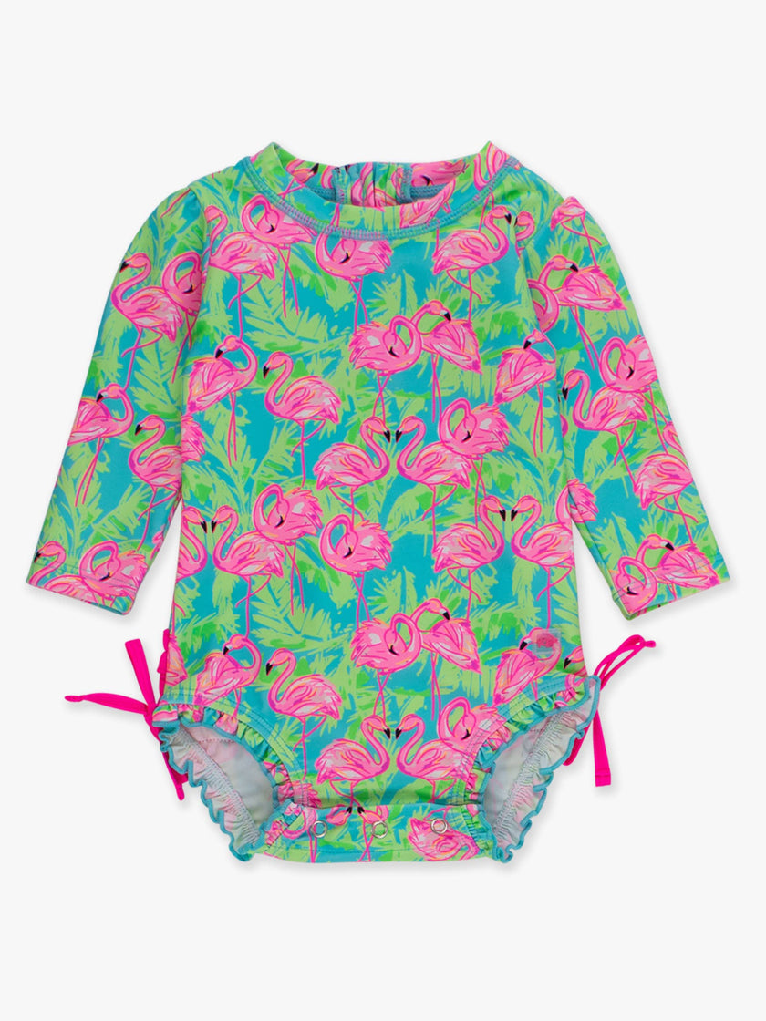 Baby Girls Neon Flamingo Fun Long Sleeve One Piece Rash Guard Swimsuit