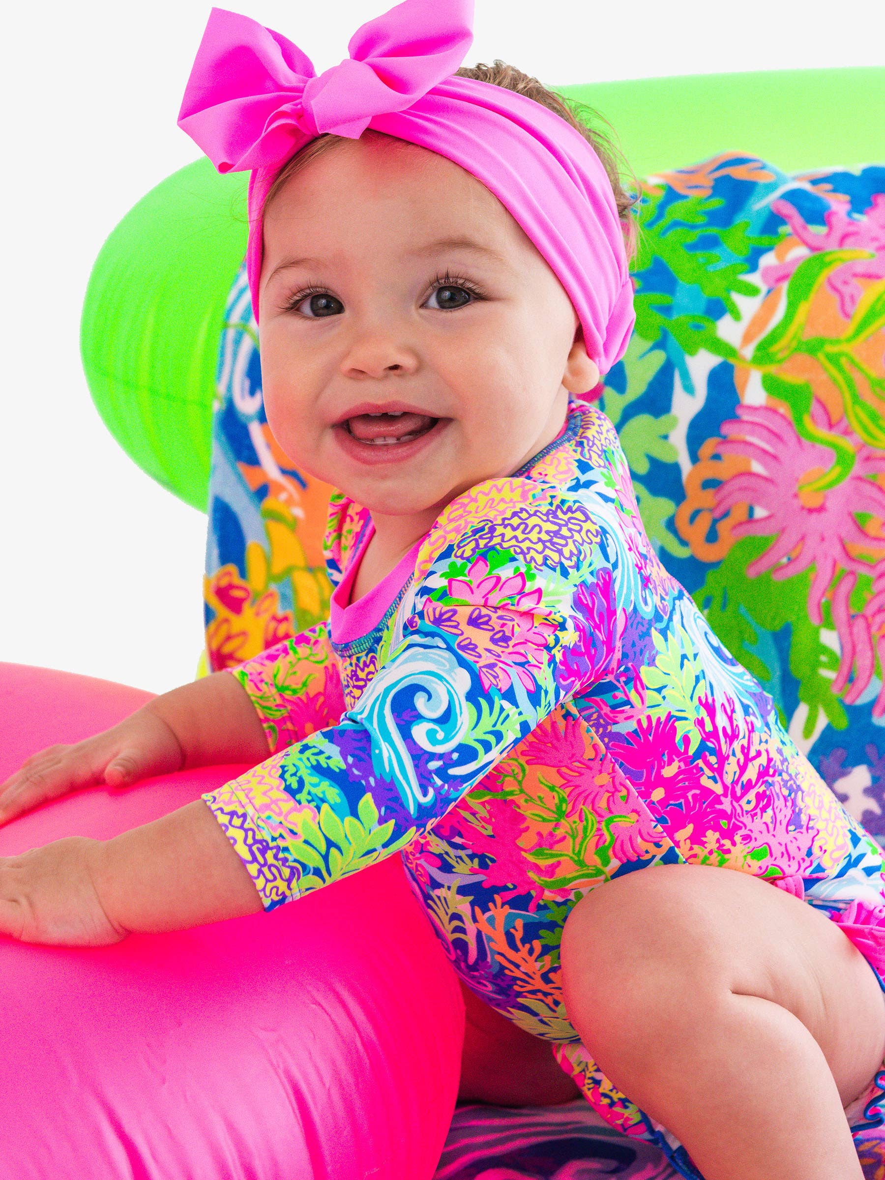 Baby Girls Neon Ocean Coral Long Sleeve One Piece Rash Guard Swimsuit with Signature Rear Ruffles