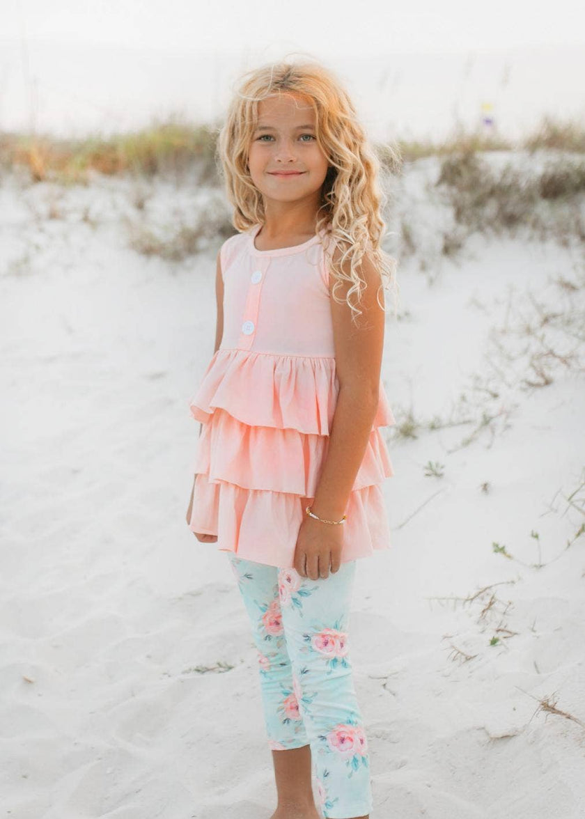 Peach Teal Floral Tiered Ruffle Button Spring Set
