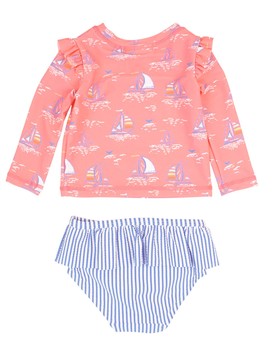 Pink Seas the Day Skirted Flutter Long Sleeve Rash Guard Bikini