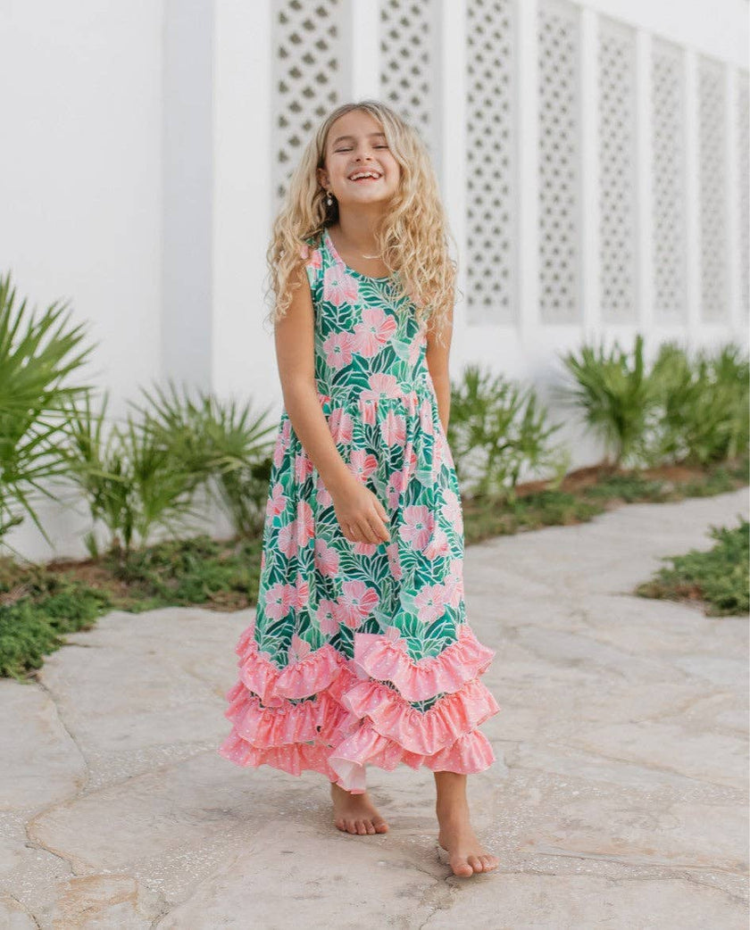 3 Tiered Pink Green Tropical Spring Ruffles Dress