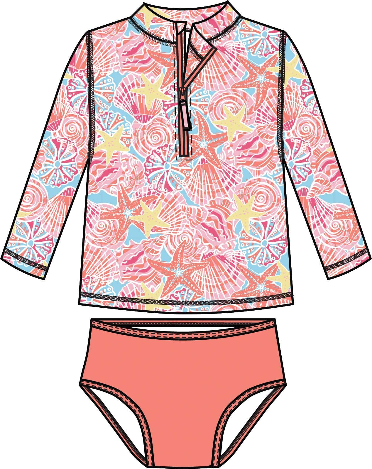 Tween Girls Sunset Seashells Long Sleeve Zipper Rash Guard 2-Piece Swimsuit