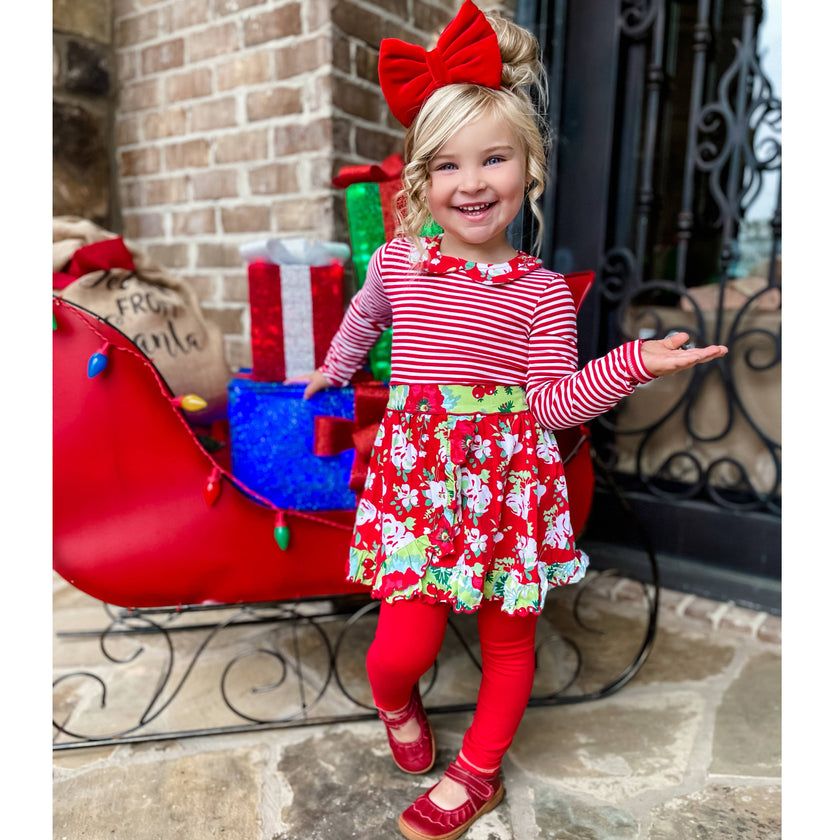 Girls Red Floral Stripes Christmas Dress & Leggings
