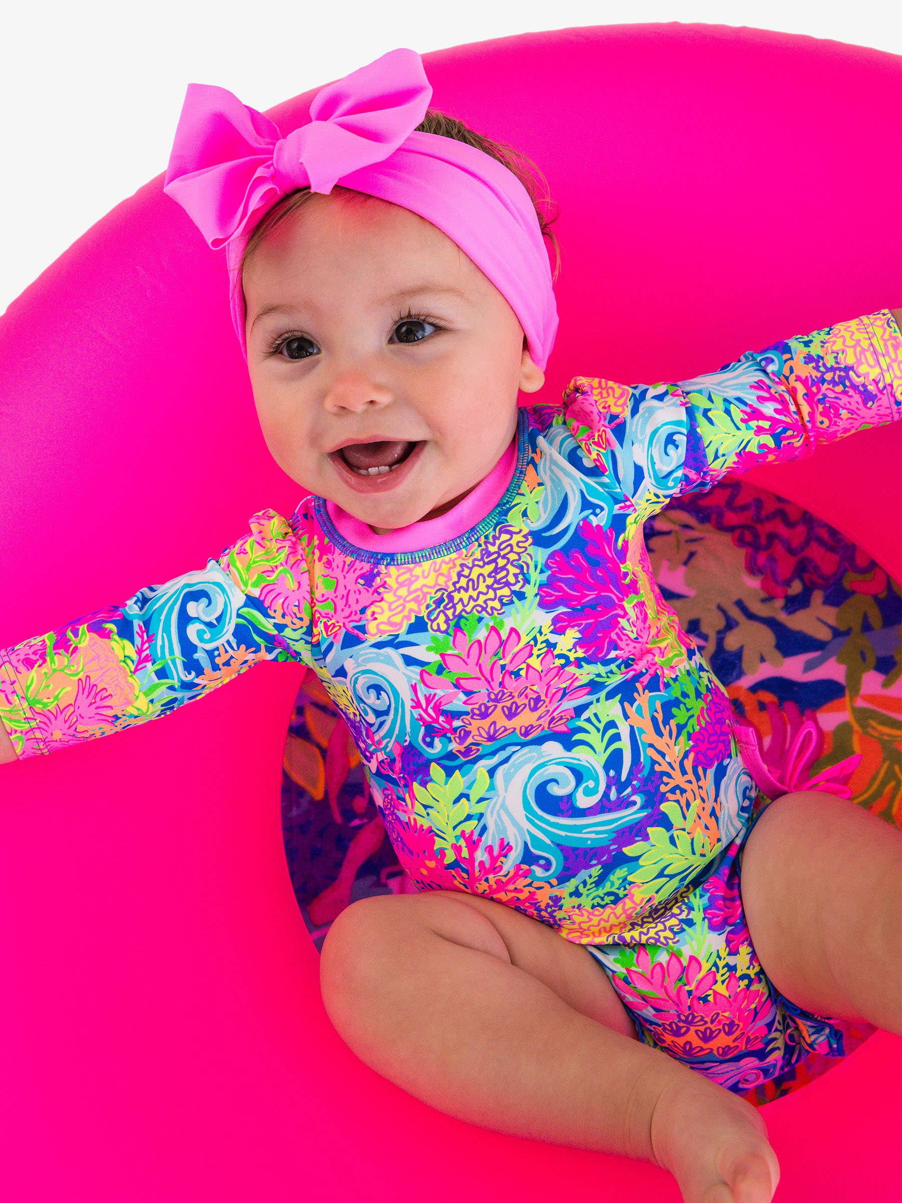 Baby Girls Neon Ocean Coral Long Sleeve One Piece Rash Guard Swimsuit with Signature Rear Ruffles