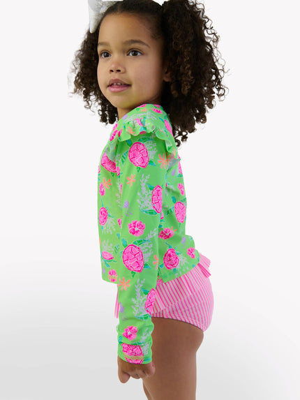 Girls Neon Turtle Tide Flutter Long Sleeve Rash Guard Skirted 2-Piece Swimsuit