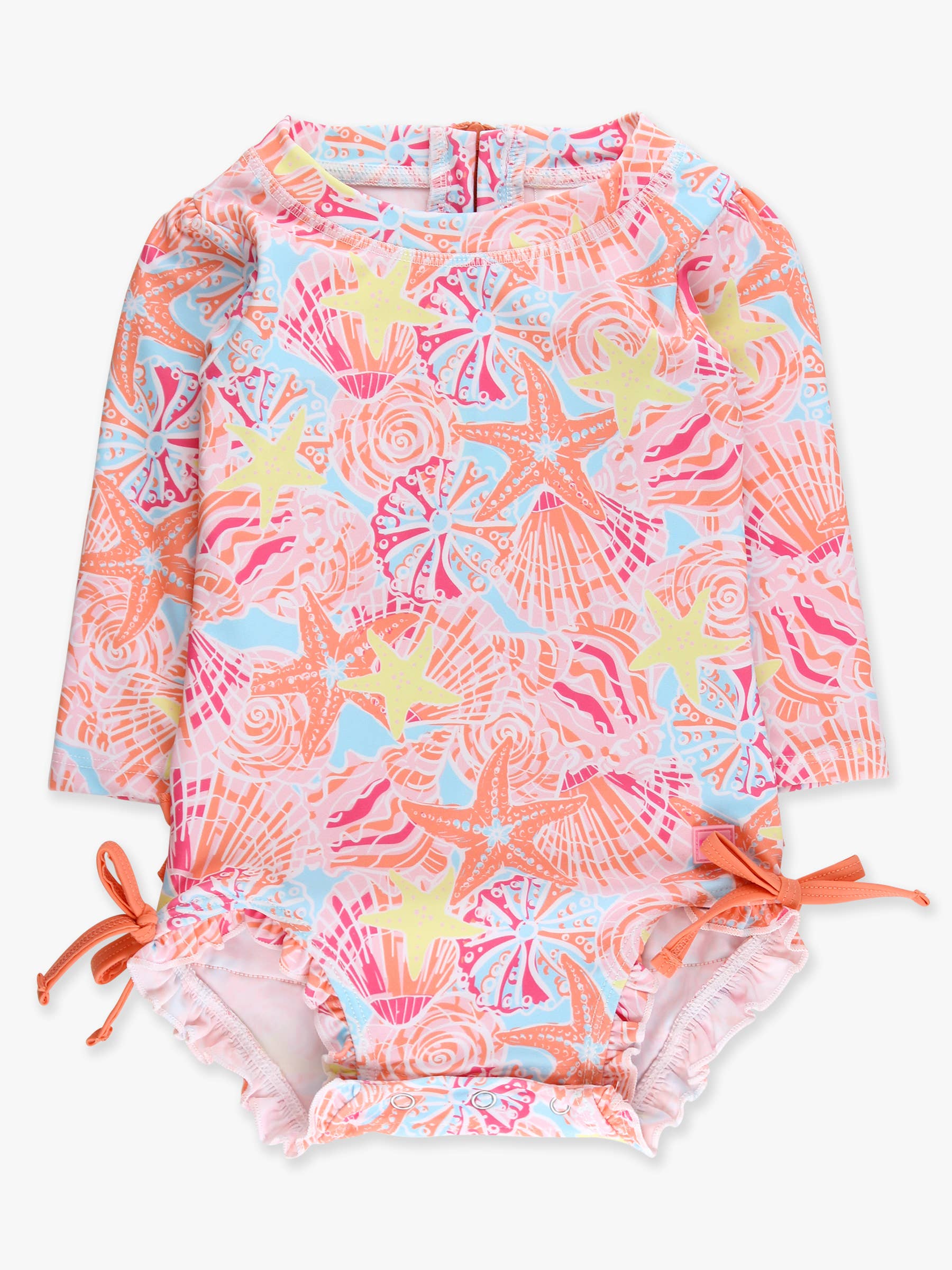 Baby Girls Sunset Seashells Long Sleeve One Piece Rash Guard Swimsuit with Signature Rear Ruffles