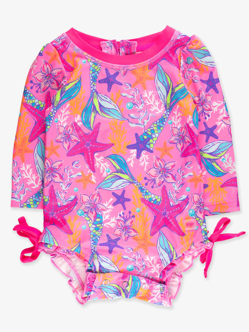 Baby Girls Neon Shimmer Mermaid Long Sleeve One Piece Rash Guard Swimsuit with Signature Rear Ruffles