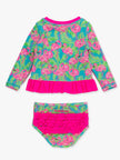 Girls Neon Flamingo Fun Long Sleeve Rash Guard 2-Piece Swimsuit with Signature Rear Ruffles