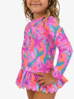 Girls Neon Shimmer Mermaid Scallop Hem Long Sleeve Rash Guard 2-Piece Swimsuit with Signature Rear Ruffles