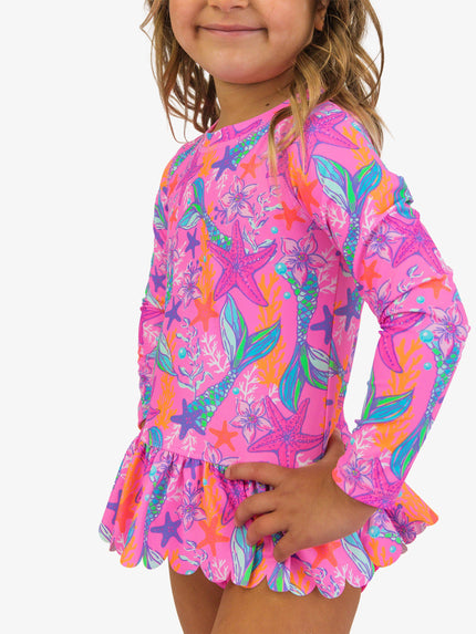 Girls Neon Shimmer Mermaid Scallop Hem Long Sleeve Rash Guard 2-Piece Swimsuit with Signature Rear Ruffles