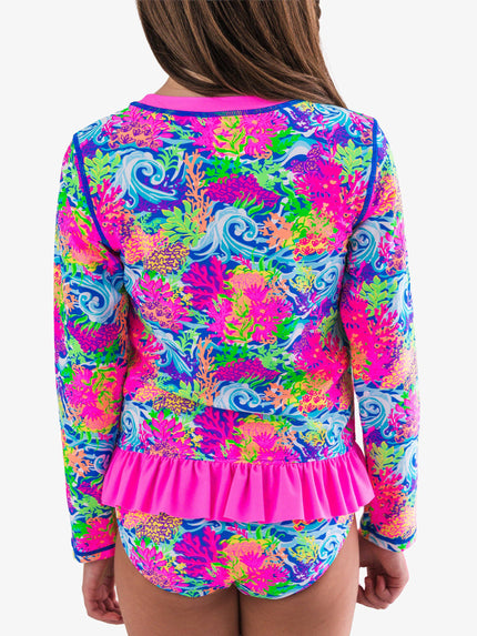 Girls Neon Ocean Coral Long Sleeve Rash Guard 2-Piece Swimsuit