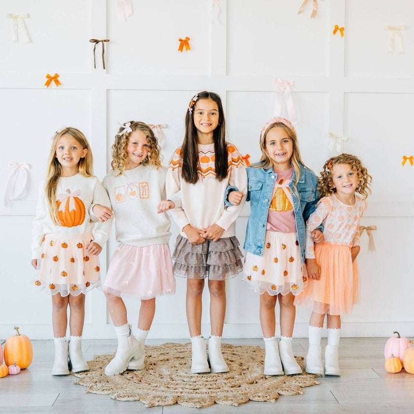 Pumpkin Bow Trellis Long Sleeve Tutu Dress - Kids Clothing